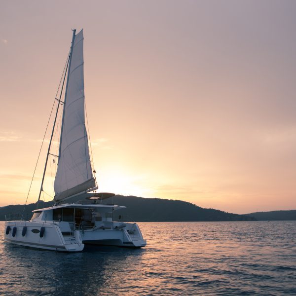 Yacht Catamaran in the ocean. Sailing at sunset